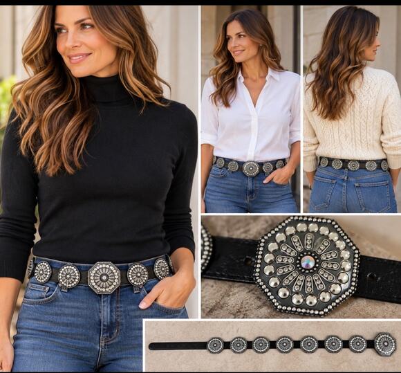 Tony Lama Accessories - Tony Lama Women’s Black Leather Western Concho Rhinestone Belt C50353